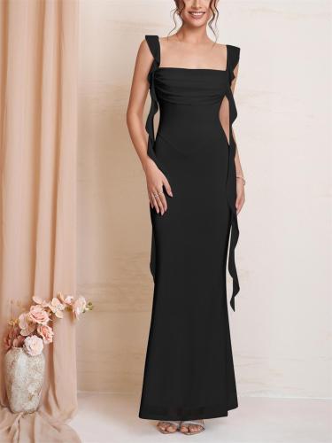 Black Straps Low Cut Mesh Lining Luxury Wedding Long Dress