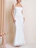 White Straps Low Cut Mesh Lining Luxury Wedding Long Dress