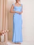 Blue Straps Low Cut Mesh Lining Luxury Wedding Long Dress