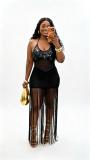 Black Sleeveless Sequins V Neck Knitted Tassels Party Vacation Dress