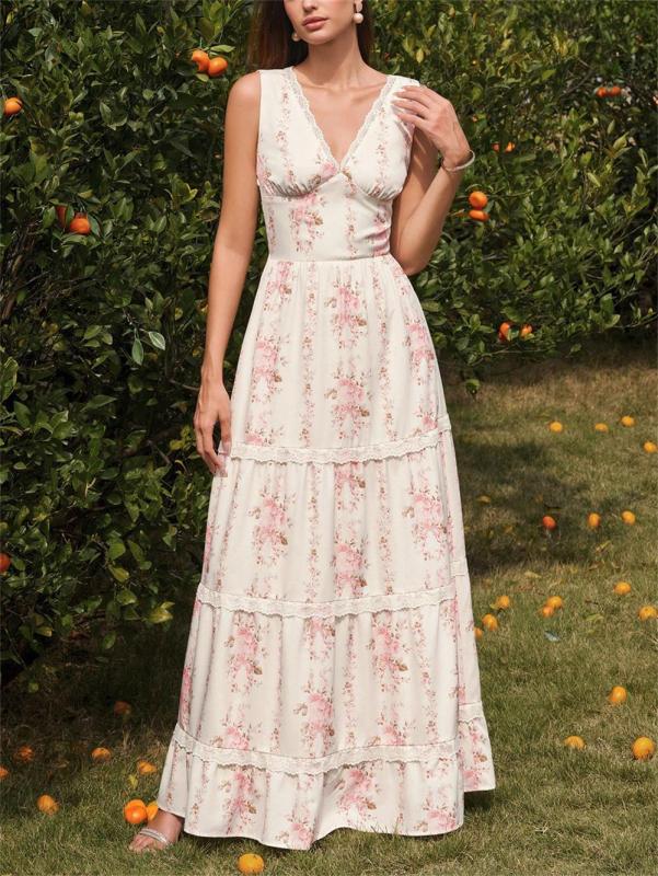 Pink Sleeveless Printed V Neck Vacation Elegant Party Floral Maxi Dress