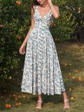 Blue Floral Straps V Neck Backless Folds Luxury Vacation Maxi Dress