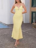 Yellow Halter Lace Up V Neck Metal Ruched Bodycon Women Evening Midi Dress