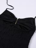 Black Halter Lace Up V Neck Metal Ruched Bodycon Women Evening Midi Dress