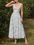 Blue Floral Straps V Neck Backless Folds Luxury Vacation Maxi Dress