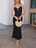 Black Halter Lace Up V Neck Metal Ruched Bodycon Women Evening Midi Dress
