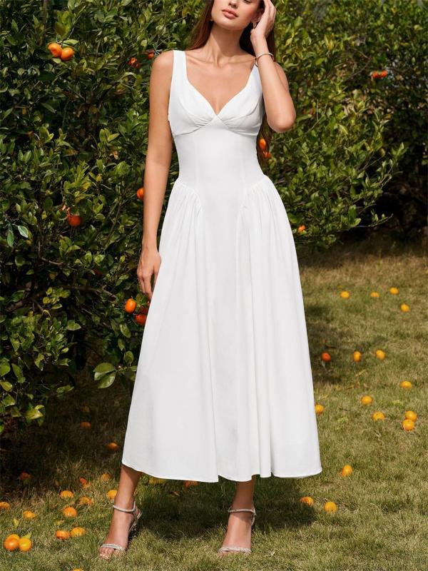 White Straps V Neck Backless Folds Luxury Vacation Maxi Dress