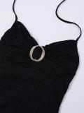 Black Halter Lace Up V Neck Metal Ruched Bodycon Women Evening Midi Dress