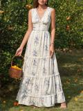 Blue Sleeveless Printed V Neck Vacation Elegant Party Floral Maxi Dress