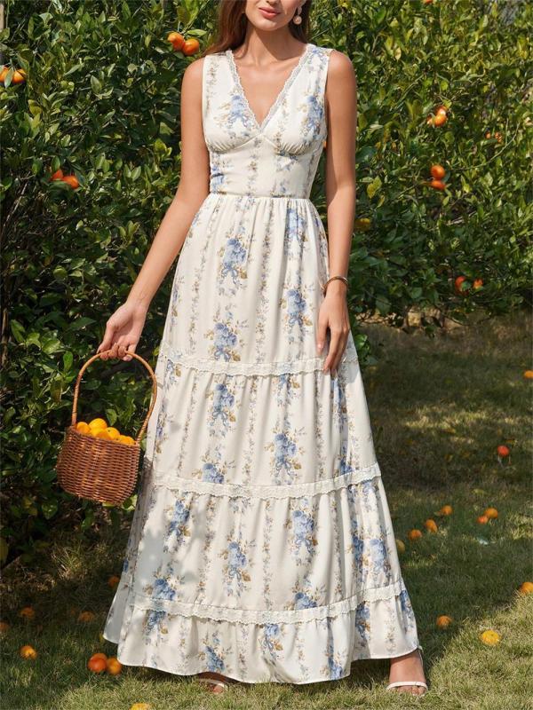 Blue Sleeveless Printed V Neck Vacation Elegant Party Floral Maxi Dress