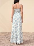 Blue Straps Low V Neck Printed Floral Vacation Maxi Dress