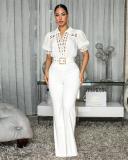 White Short Sleeve Hollow Out Lace Patchwork Lady Casual Wide Leg Jumpsuit with Belt