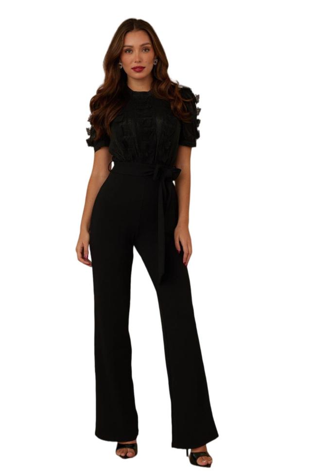 Black Short Sleeve Hollow Out Lace Patchwork Lady Casual Luxury Jumpsuit with Belt