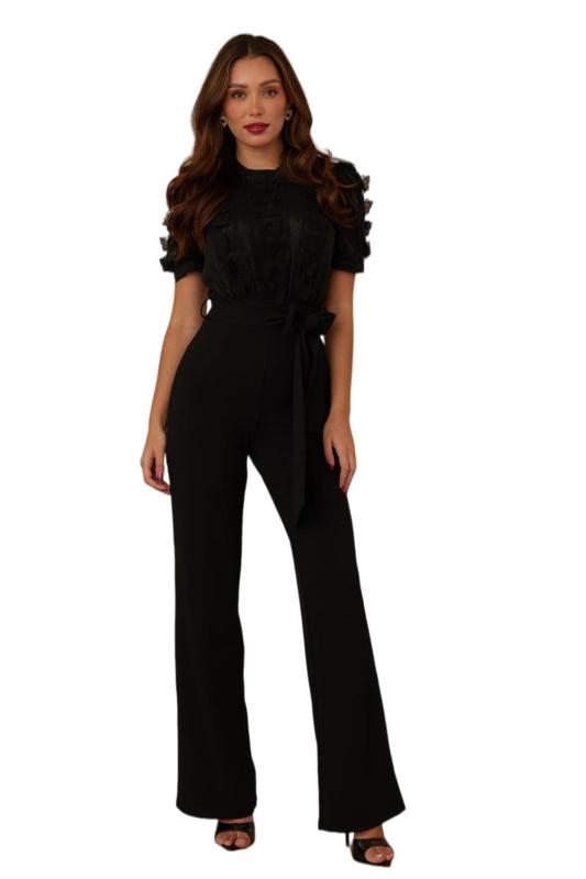 Black Short Sleeve Hollow Out Lace Patchwork Lady Casual Luxury Jumpsuit with Belt