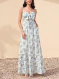 Blue Straps Low V Neck Printed Floral Vacation Maxi Dress