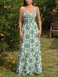 White Straps Low V Neck Printed Floral Vacation Maxi Dress