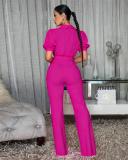 Rose Red Short Sleeve Hollow Out Lace Patchwork Lady Casual Wide Leg Jumpsuit with Belt