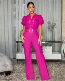 Rose Red Short Sleeve Hollow Out Lace Patchwork Lady Casual Wide Leg Jumpsuit with Belt