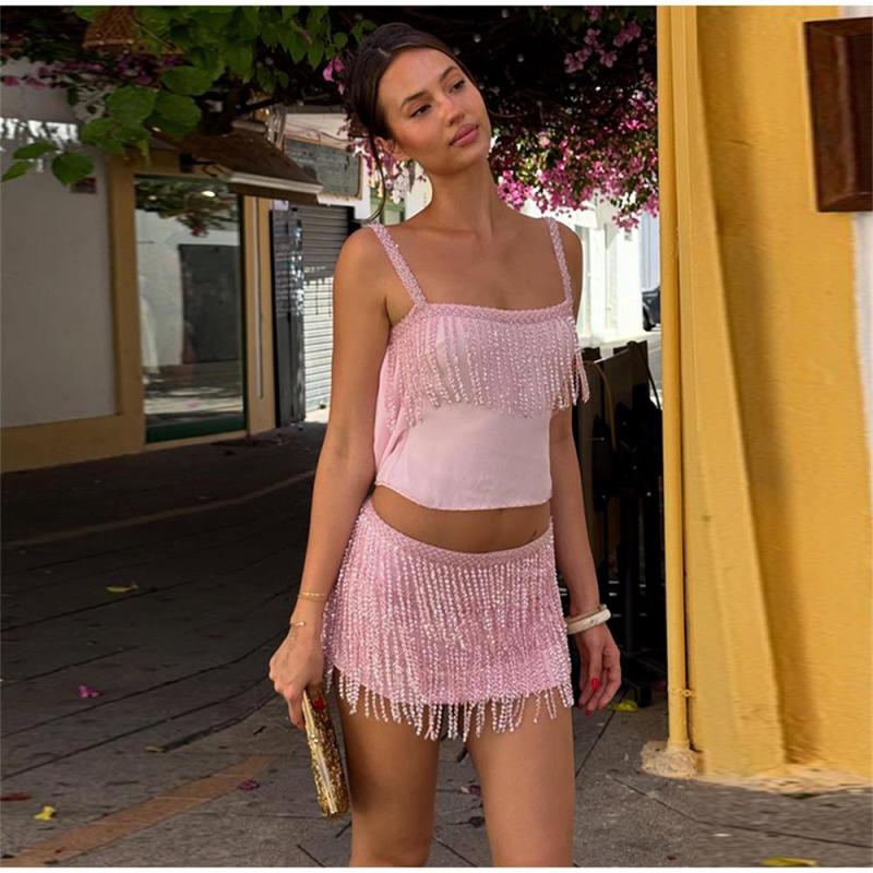 Pink Two Pieces Sequins Crop Tops Bodycon Women Party Birthday Mini Skirt Dress