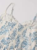 Blue Straps Low V Neck Printed Floral Vacation Maxi Dress