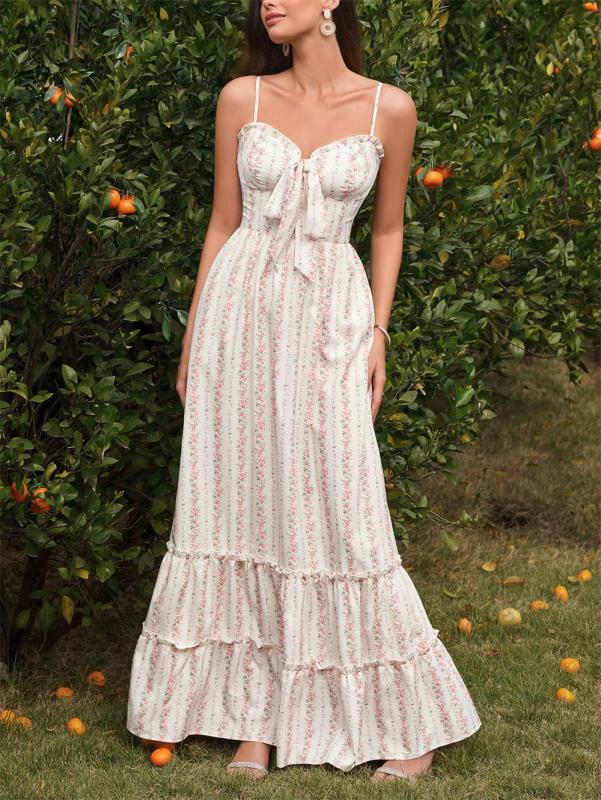 Pink Straps Low V Neck Printed Floral Vacation Maxi Dress