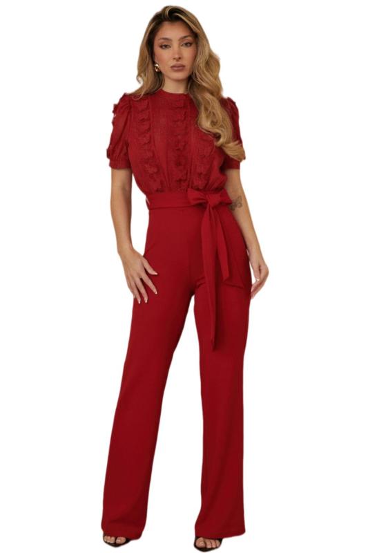 Red Short Sleeve Hollow Out Lace Patchwork Lady Casual Luxury Jumpsuit with Belt