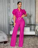 Rose Red Short Sleeve Hollow Out Lace Patchwork Lady Casual Wide Leg Jumpsuit with Belt