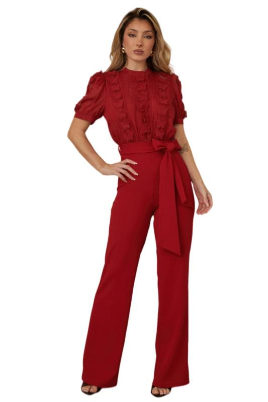 Red Short Sleeve Hollow Out Lace Patchwork Lady Casual Luxury Jumpsuit with Belt