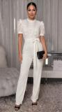 White Short Sleeve Hollow Out Lace Patchwork Lady Casual Luxury Jumpsuit with Belt