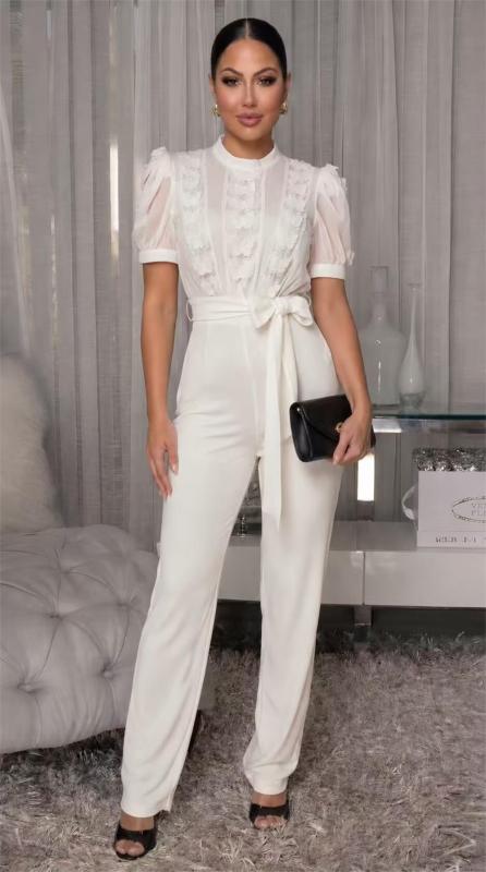 White Short Sleeve Hollow Out Lace Patchwork Lady Casual Luxury Jumpsuit with Belt