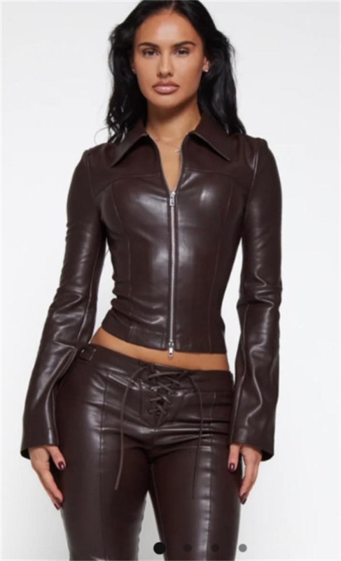 Brown PU Leather Two Pieces Lace Up Bandage Short Coat Half Bodycon Pant Sets