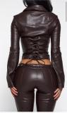 Brown PU Leather Two Pieces Lace Up Bandage Short Coat Half Bodycon Pant Sets
