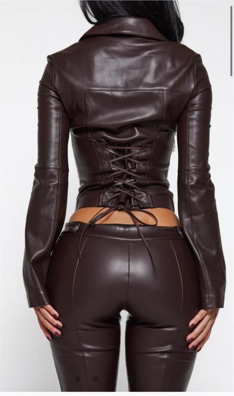 Brown PU Leather Two Pieces Lace Up Bandage Short Coat Half Bodycon Pant Sets