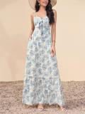 Blue Straps Low V Neck Printed Floral Vacation Maxi Dress