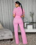 Pink Short Sleeve Hollow Out Lace Patchwork Lady Casual Wide Leg Jumpsuit with Belt