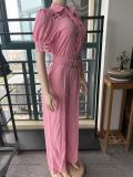 Pink Short Sleeve Hollow Out Lace Patchwork Lady Casual Wide Leg Jumpsuit with Belt
