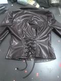 Brown PU Leather Two Pieces Lace Up Bandage Short Coat Half Bodycon Pant Sets