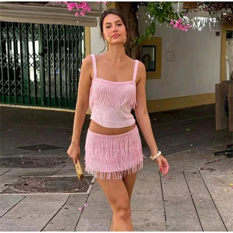 Pink Two Pieces Sequins Crop Tops Bodycon Women Party Birthday Mini Skirt Dress