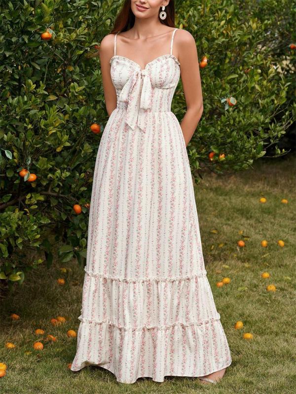 Pink Straps Low V Neck Printed Floral Vacation Maxi Dress