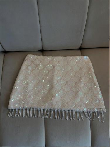 Beige Sequins Bodycon Tassels Party Sexy Mini Skirt