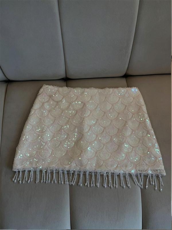 Beige Sequins Bodycon Tassels Party Sexy Mini Skirt