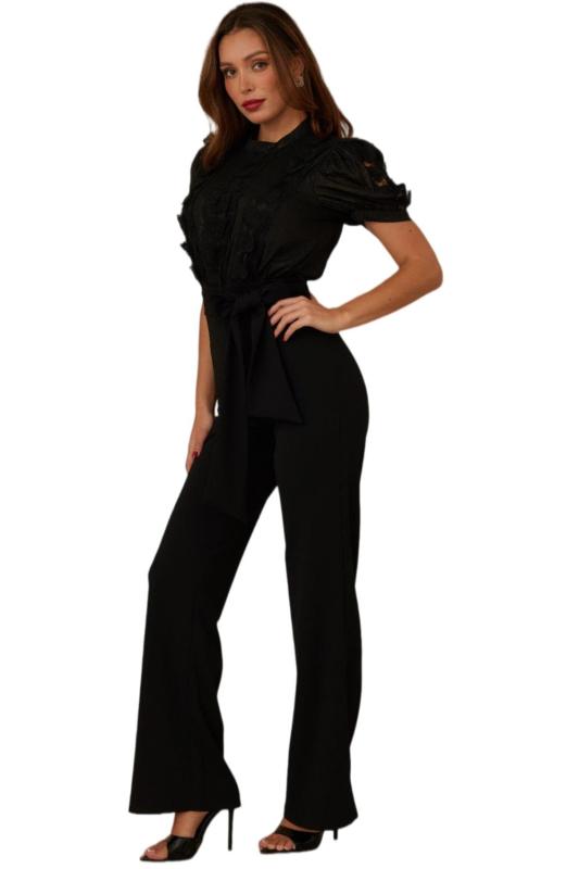 Black Short Sleeve Hollow Out Lace Patchwork Lady Casual Luxury Jumpsuit with Belt