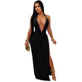 Black Halter Deep V Neck Snatched Backless Pleated Party Sexy Dress