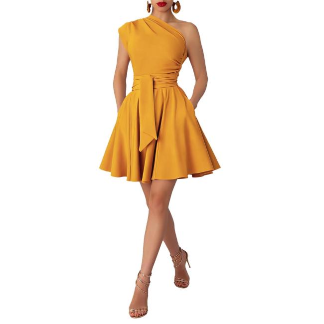 Yellow One Shoulder Halter Neck Belt Pleated Women Party Mini Dress