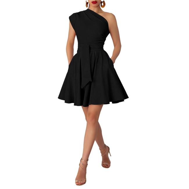 Black One Shoulder Halter Neck Belt Pleated Women Party Mini Dress
