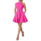 Rose Red One Shoulder Halter Neck Belt Pleated Women Party Mini Dress