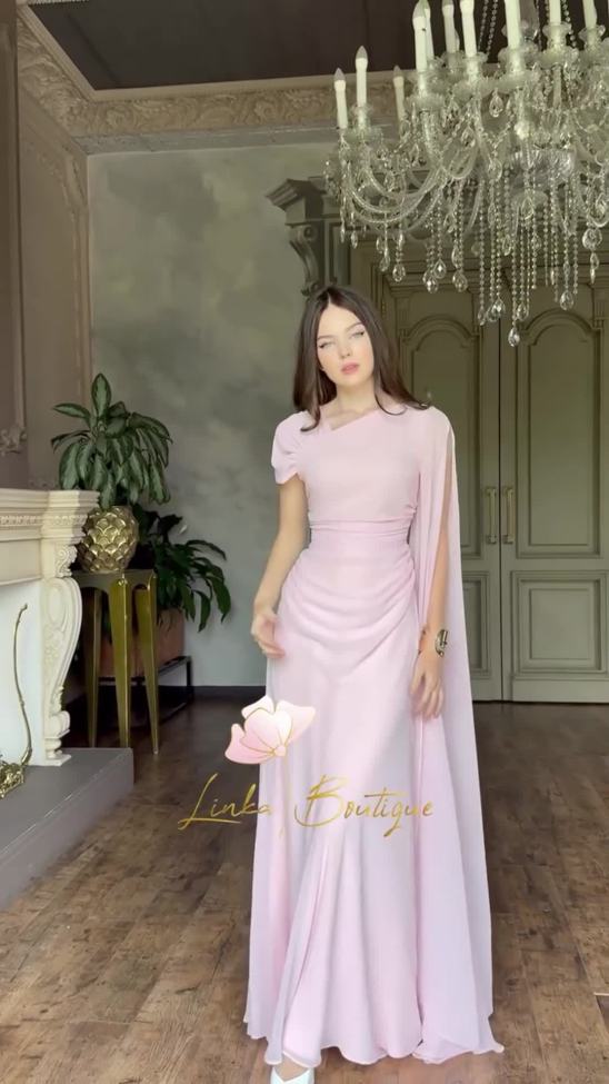 Pink Short Sleeve Elegant Women Luxury Evening Gowns Party Long Dress