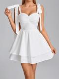 White Straps Low Cut Waisted Pleated Women Mini Skirt Dress