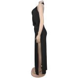 Black Halter Deep V Neck Snatched Backless Pleated Party Sexy Dress