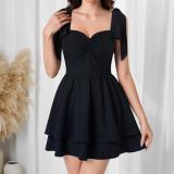 Black Straps Low Cut Waisted Pleated Women Mini Skirt Dress